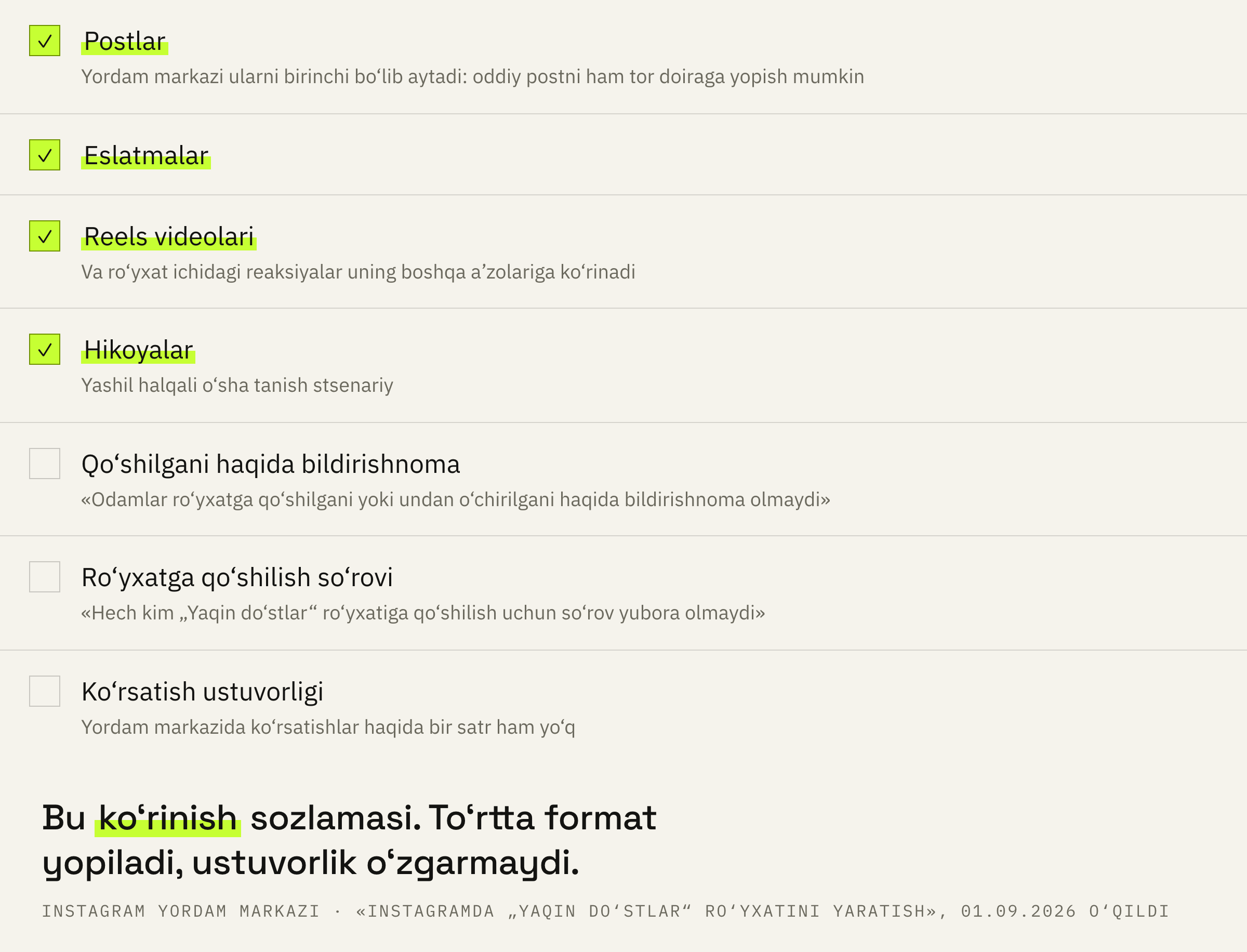 Ro‘yxat nimani yopadi va nima qilmaydi.