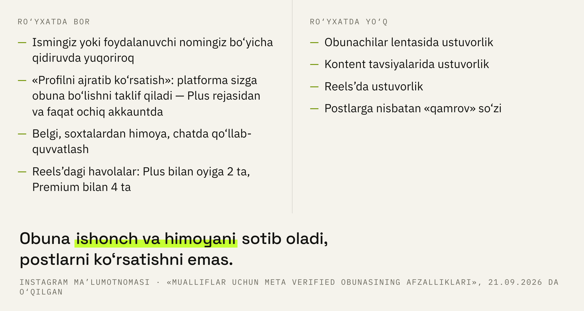 Afzalliklar ro‘yxatida nima ko‘rsatishga tegishli va unda nima yo‘q.