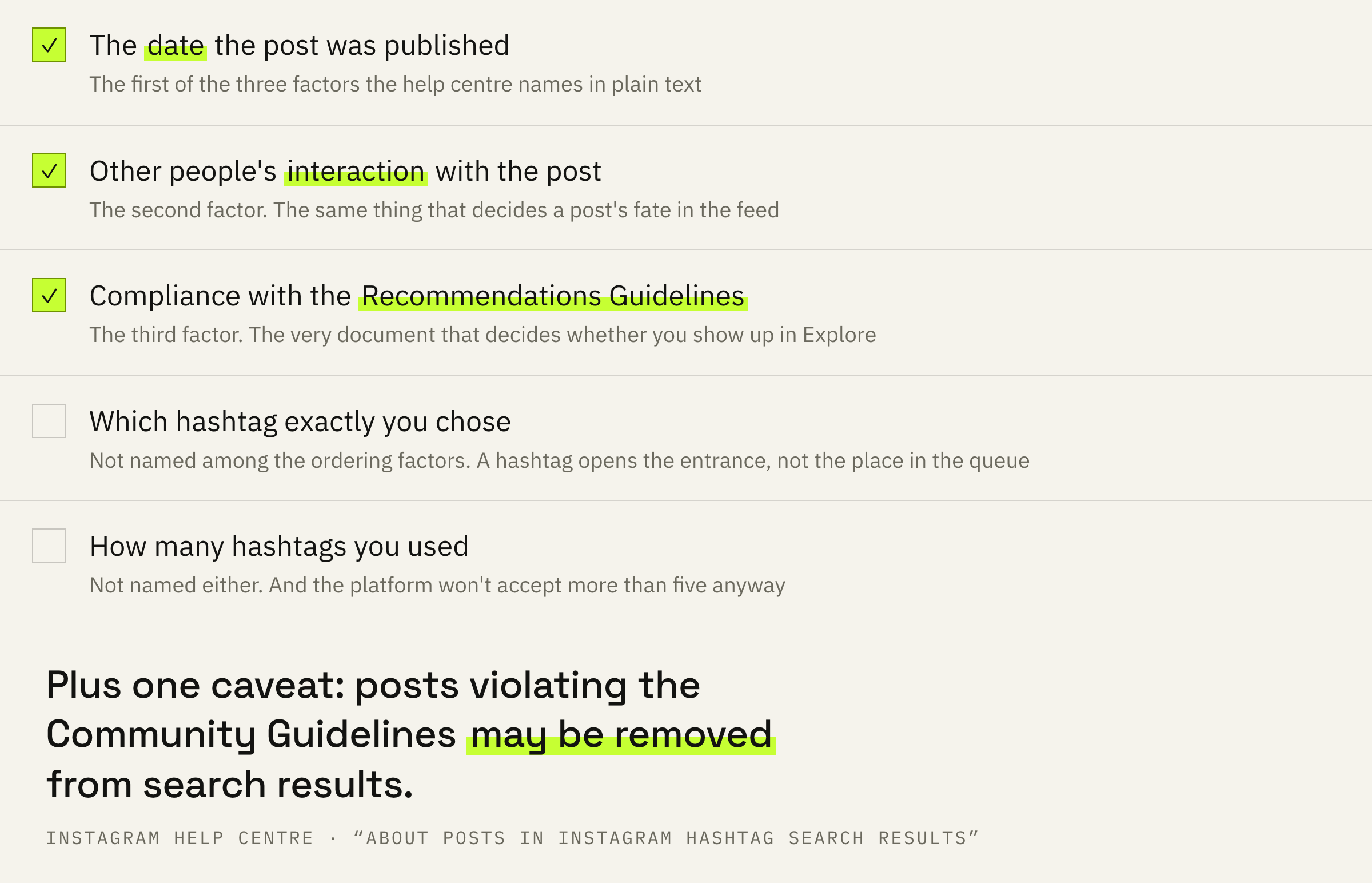 What determines the order on a hashtag page and what isn't on that list.