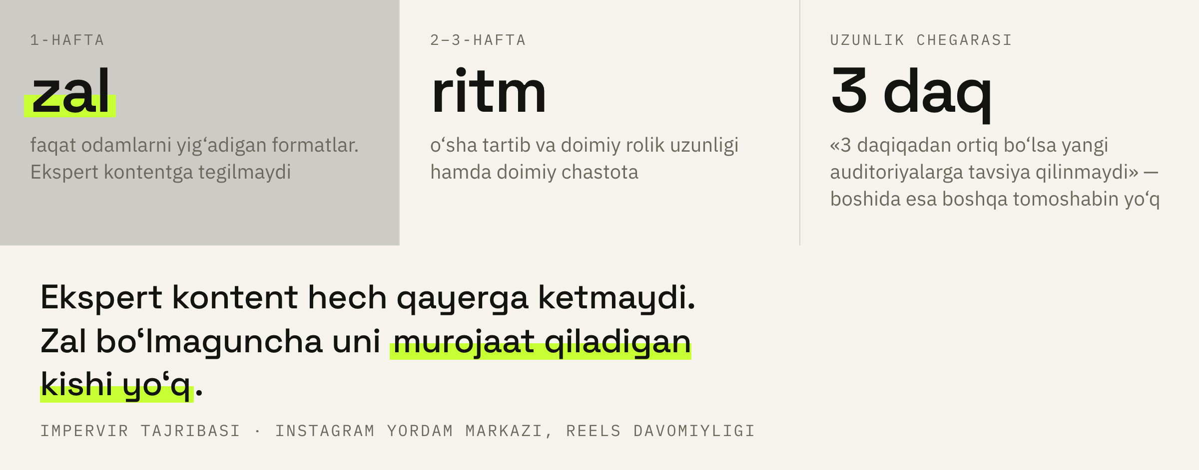 Birinchi uch haftada nima qilish kerak va qanday tartibda.