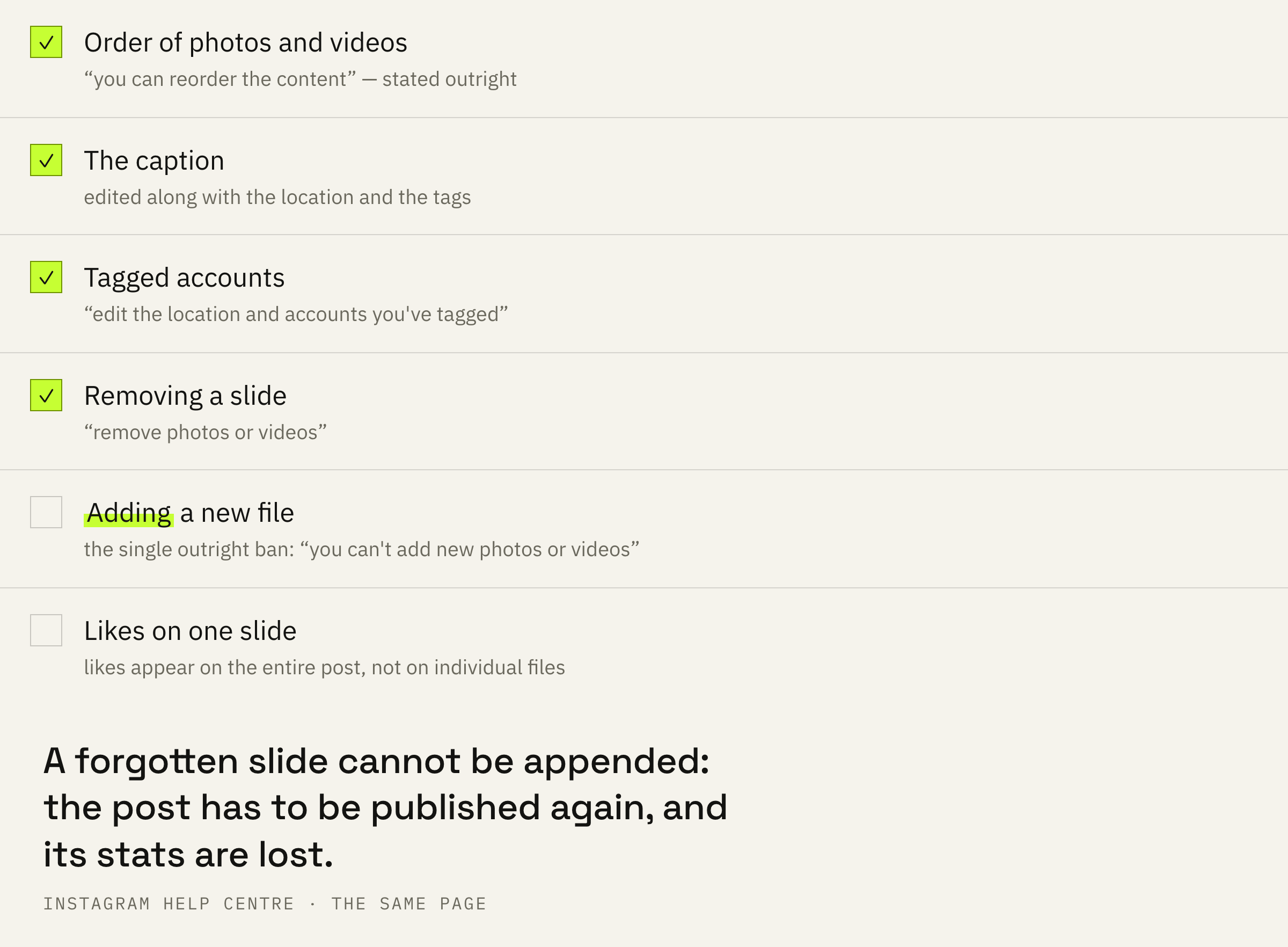 What can be edited in a published carousel and what cannot.