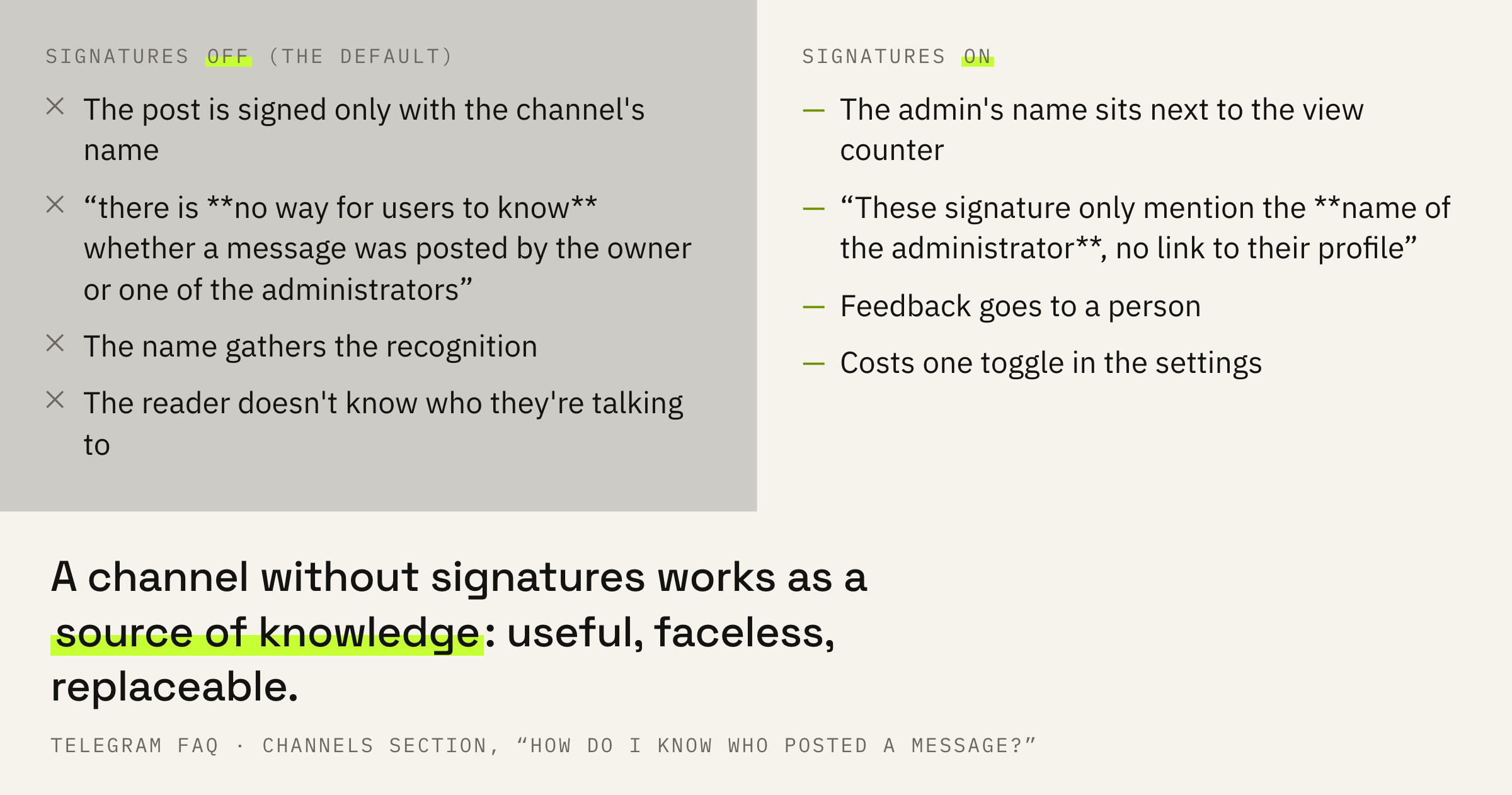 What the reader sees with signatures off and with signatures on.
