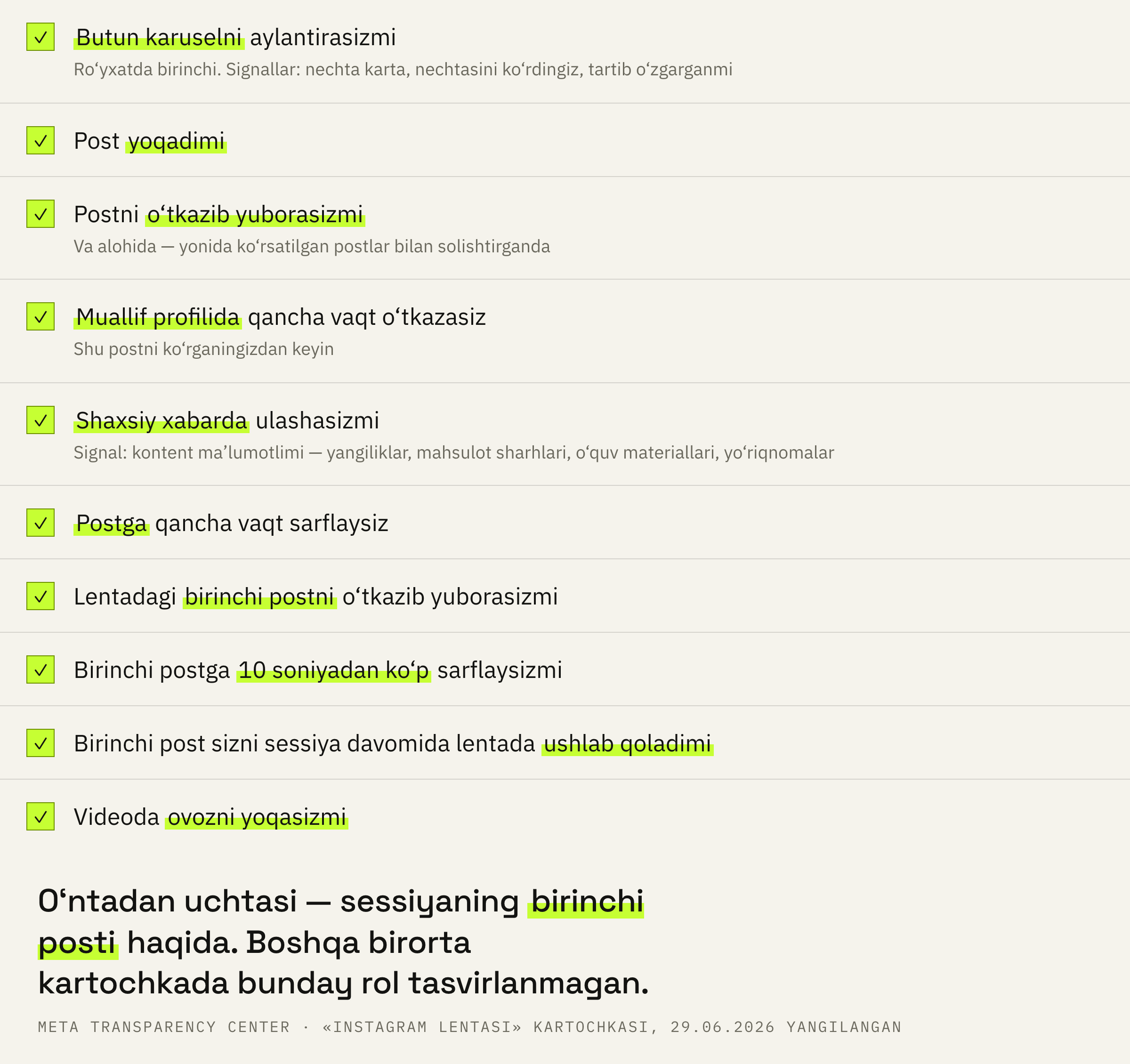 Kartochka obunalar lentasidagi post uchun hisoblaydigan o‘nta bashorat.