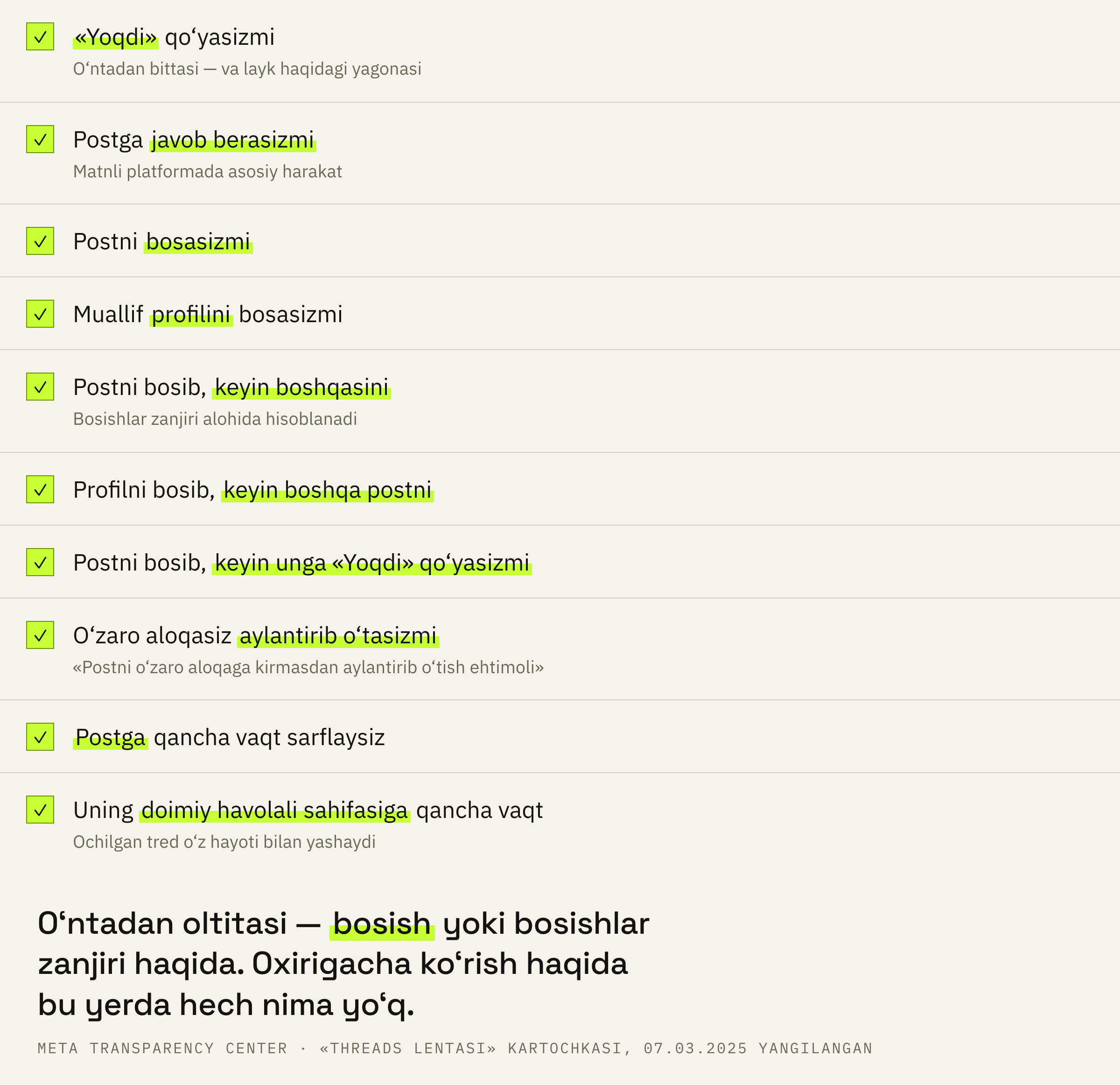 Kartochka Threads lentasidagi post uchun hisoblaydigan o‘nta bashorat.