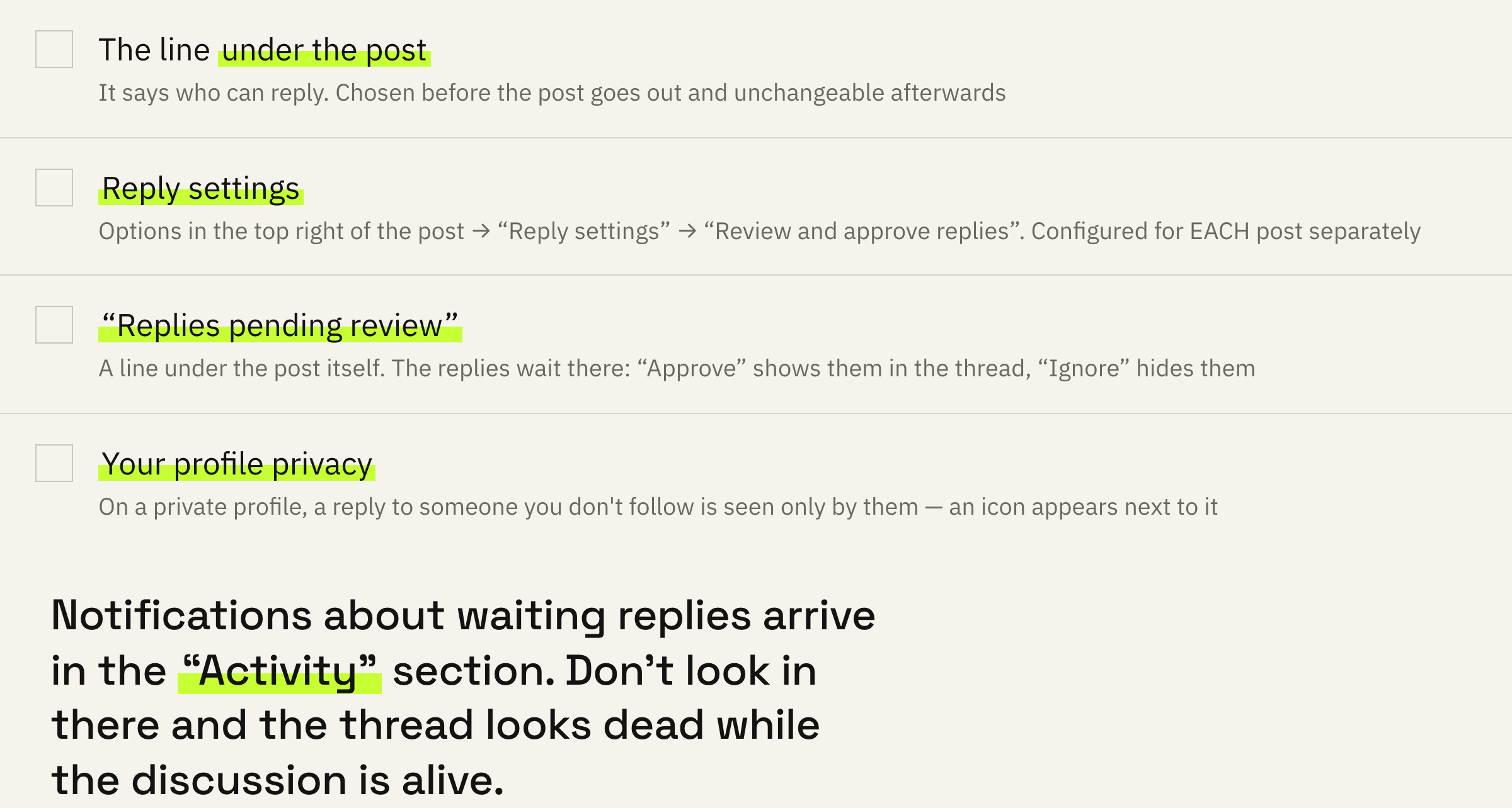 The four screens that close almost every case of “replies aren't showing”.