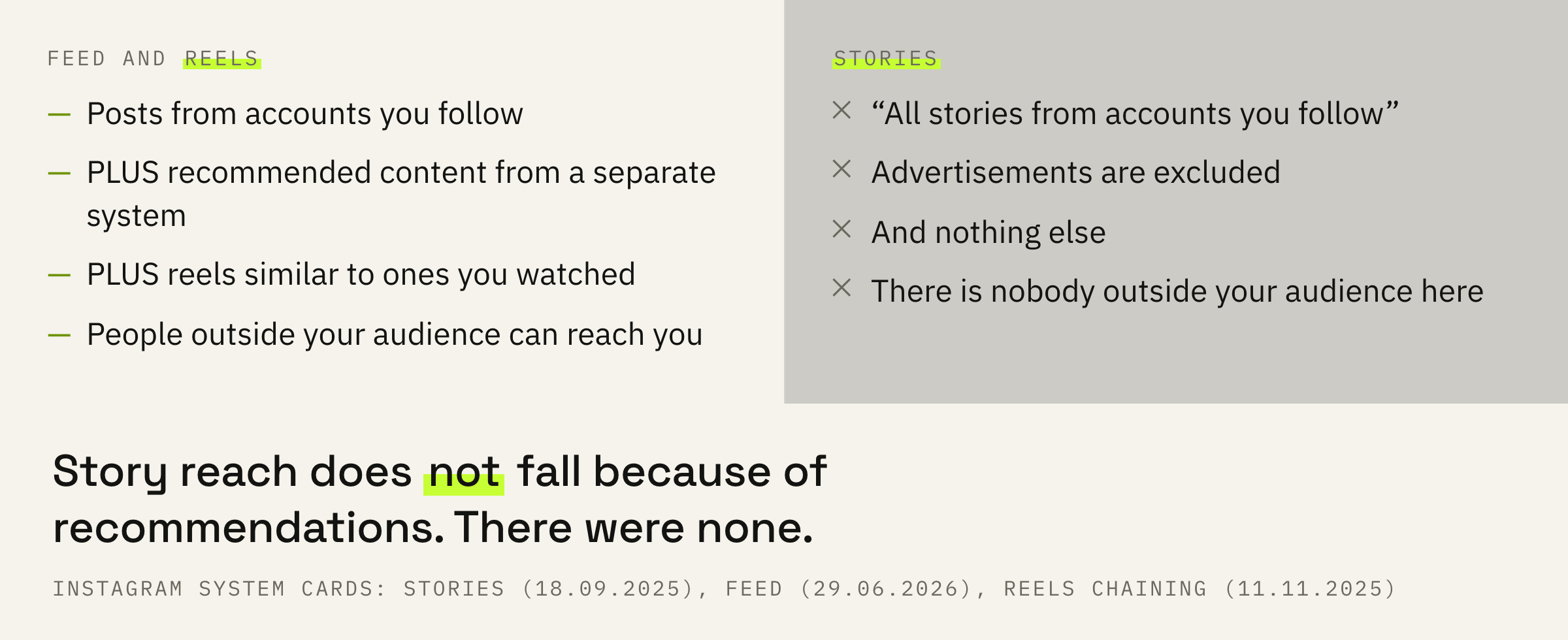The feed and Reels have an entrance for people outside your audience, stories don't. That is why they are diagnosed differently.