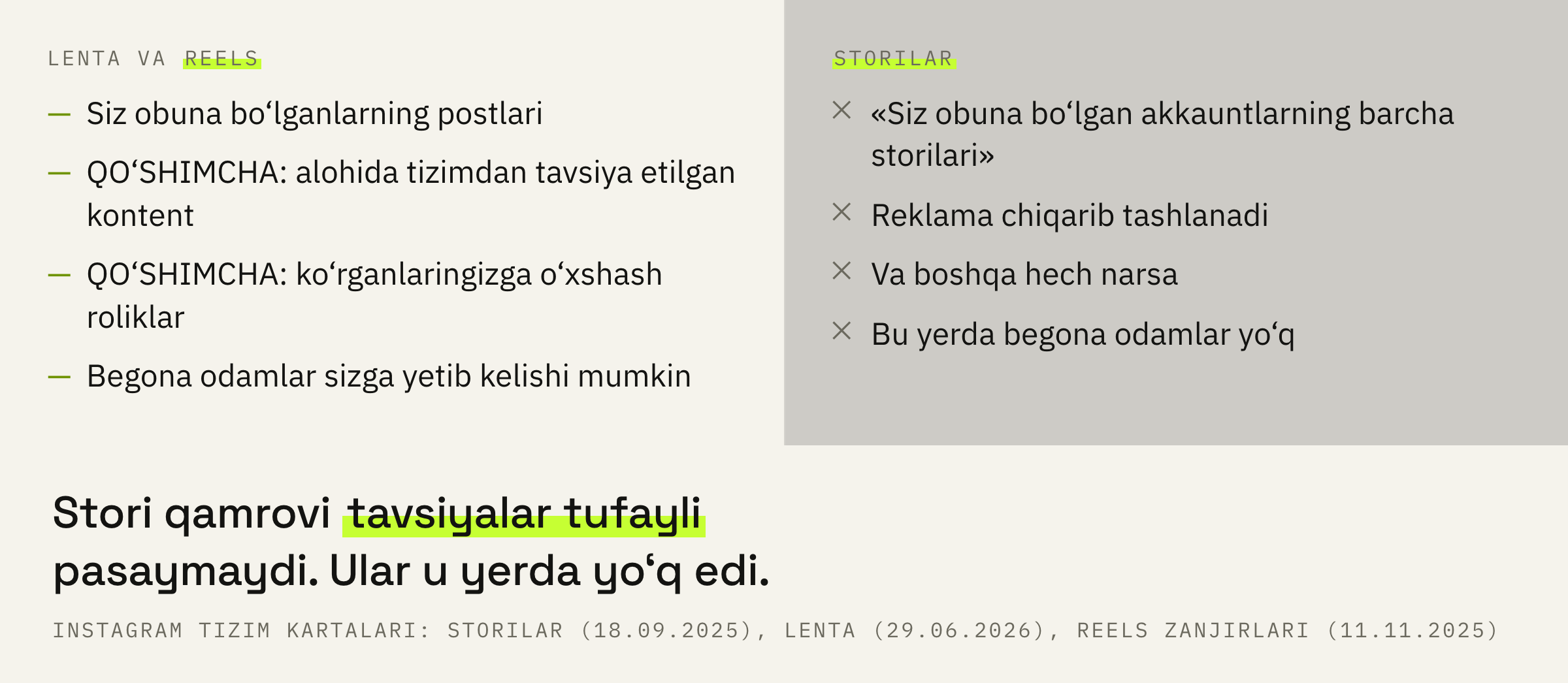 Lenta va Reels’da begona odamlar uchun kirish bor, storilarda esa yo‘q. Shuning uchun ularning diagnostikasi ham boshqacha.