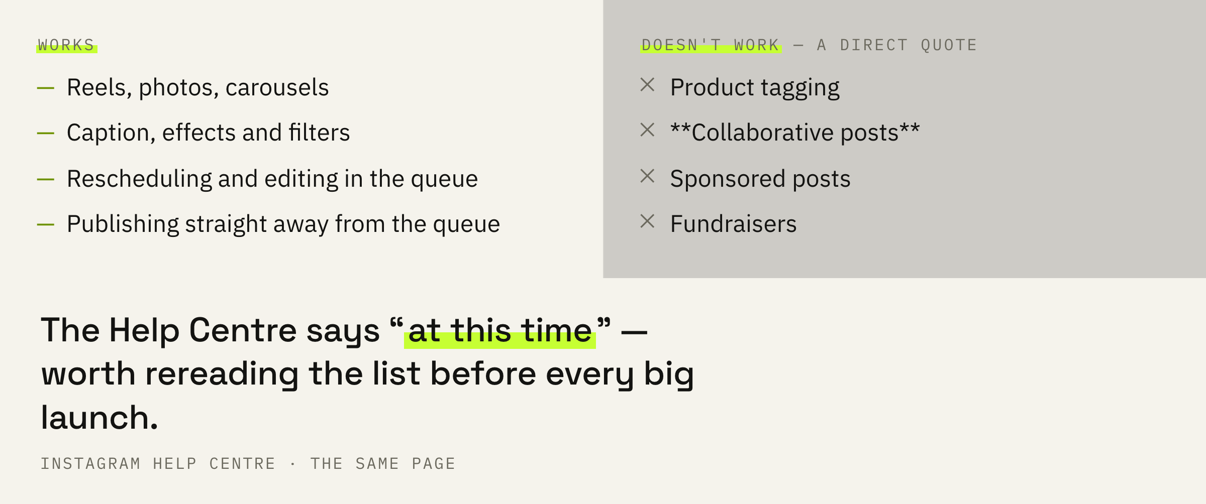 What works with a scheduled post and what doesn't.