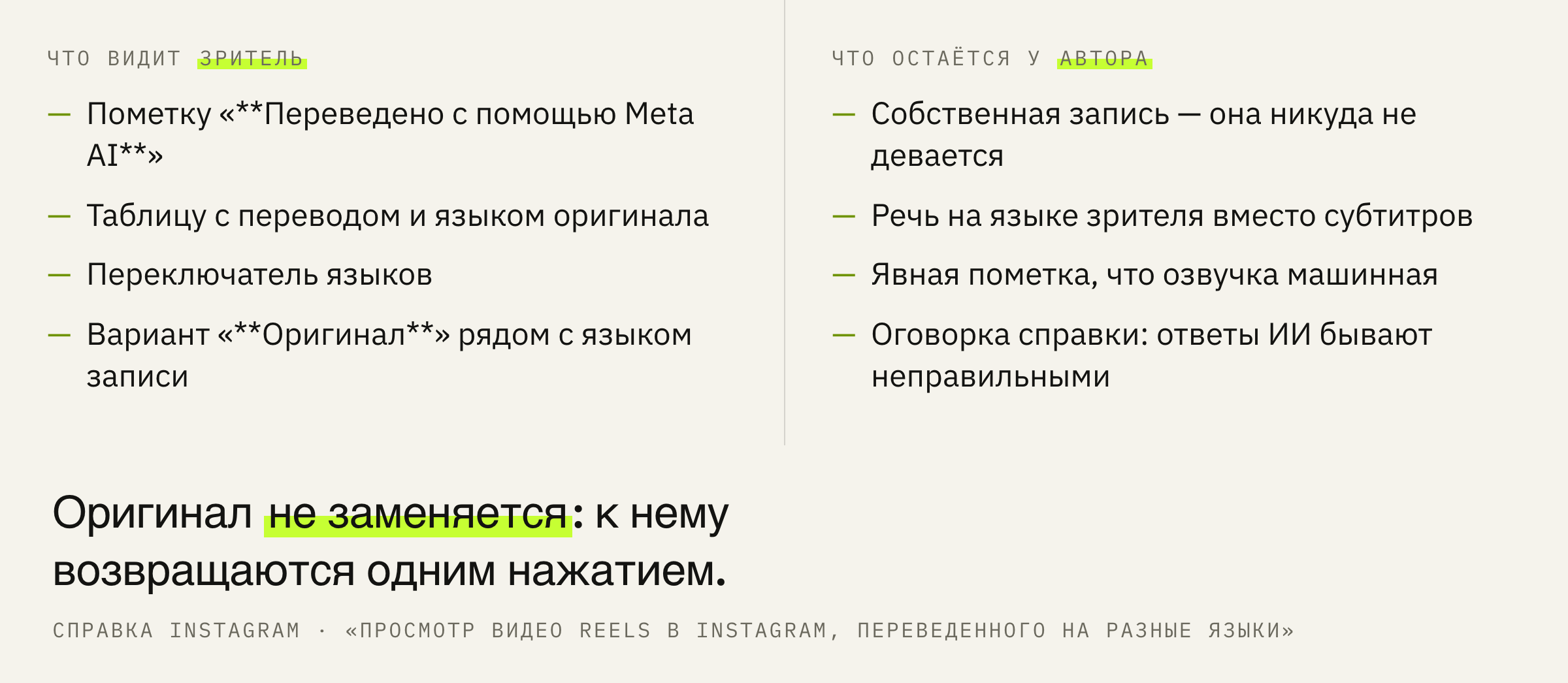 Что видит зритель переведённого рилс и что при этом остаётся у автора.
