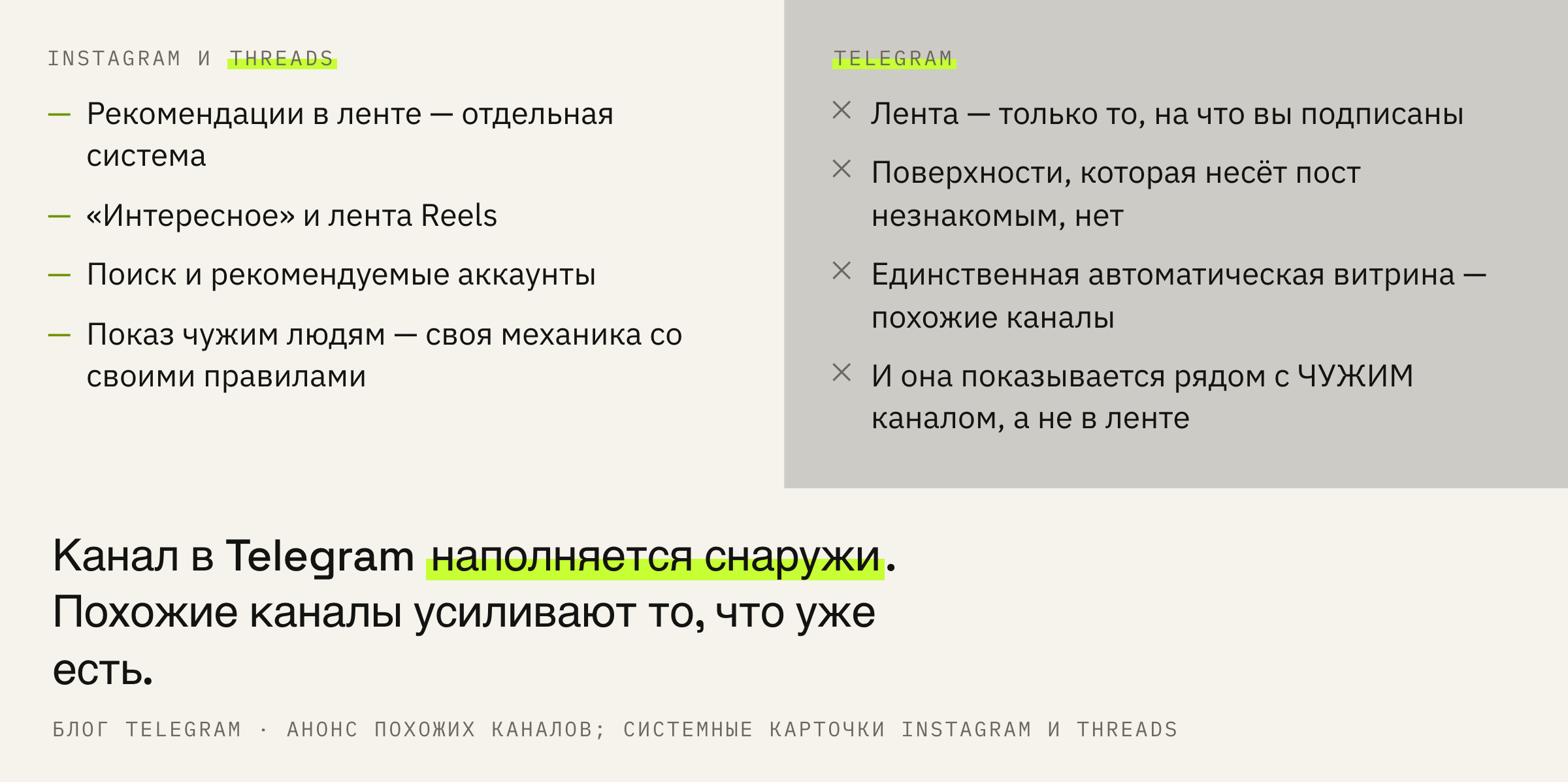 Откуда приходят новые люди на трёх площадках. У Telegram автоматическая витрина одна.