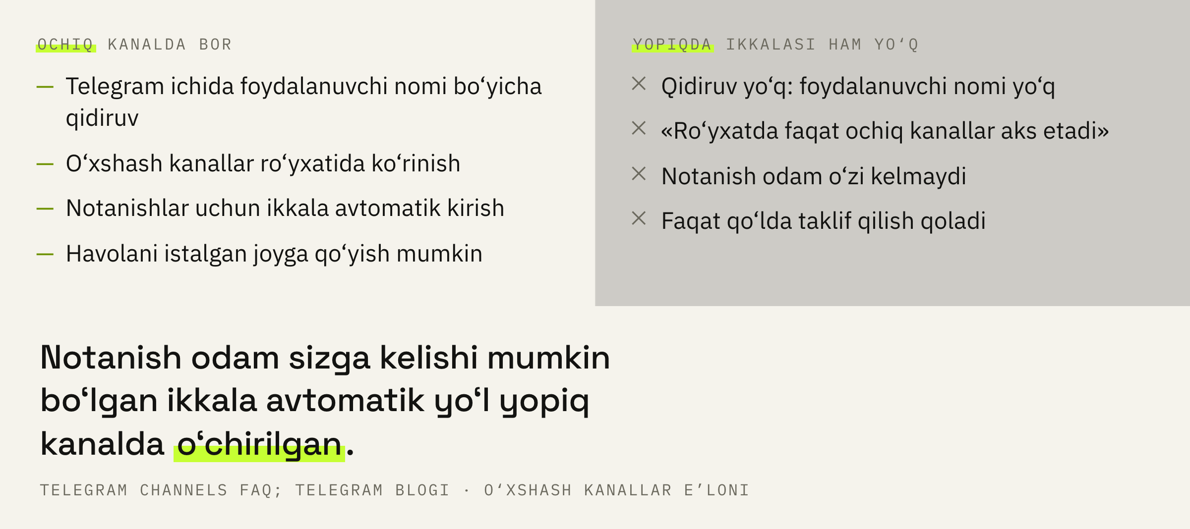 Ochiq kanalda nima ishlaydi va bulardan qaysi biri yopiqda o‘chirilgan.