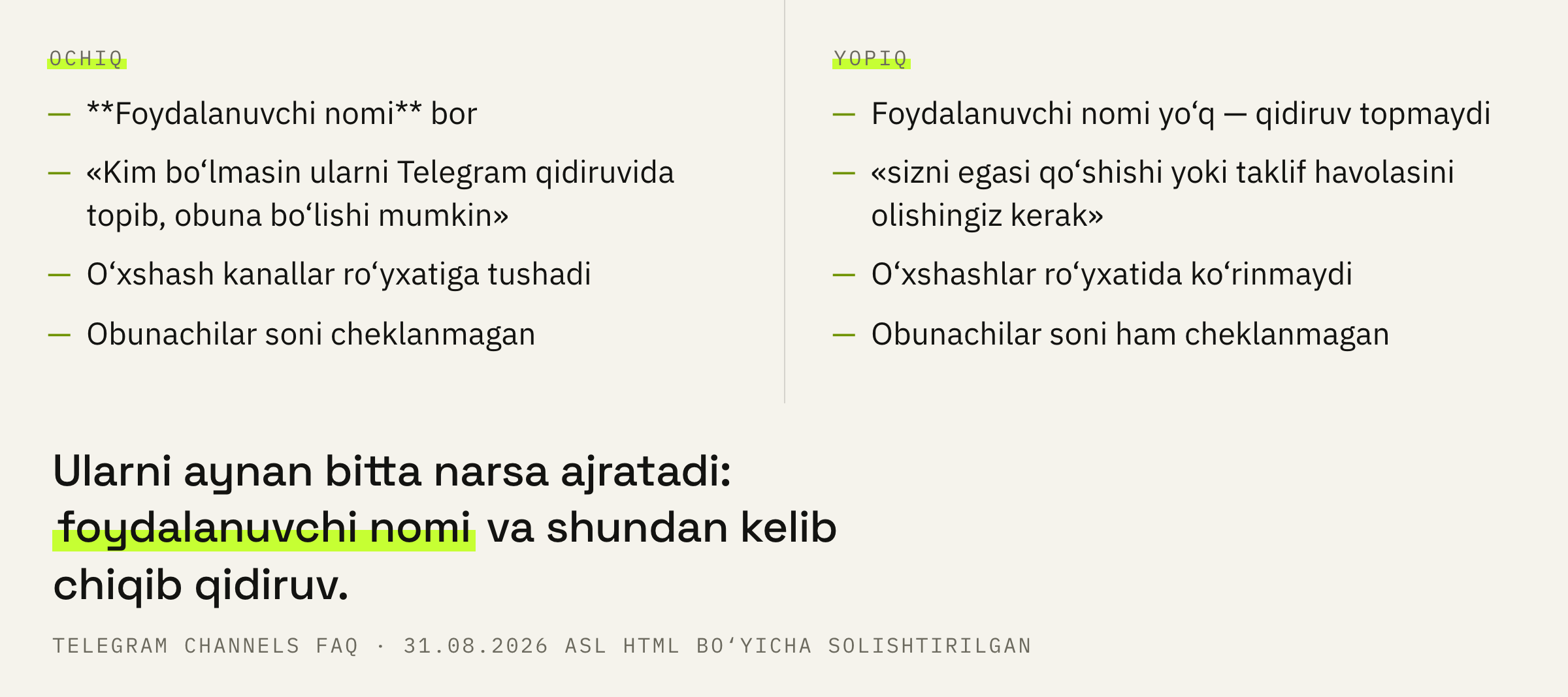 FAQ iboralariga ko‘ra ochiq kanal yopiqdan nimasi bilan farq qiladi.