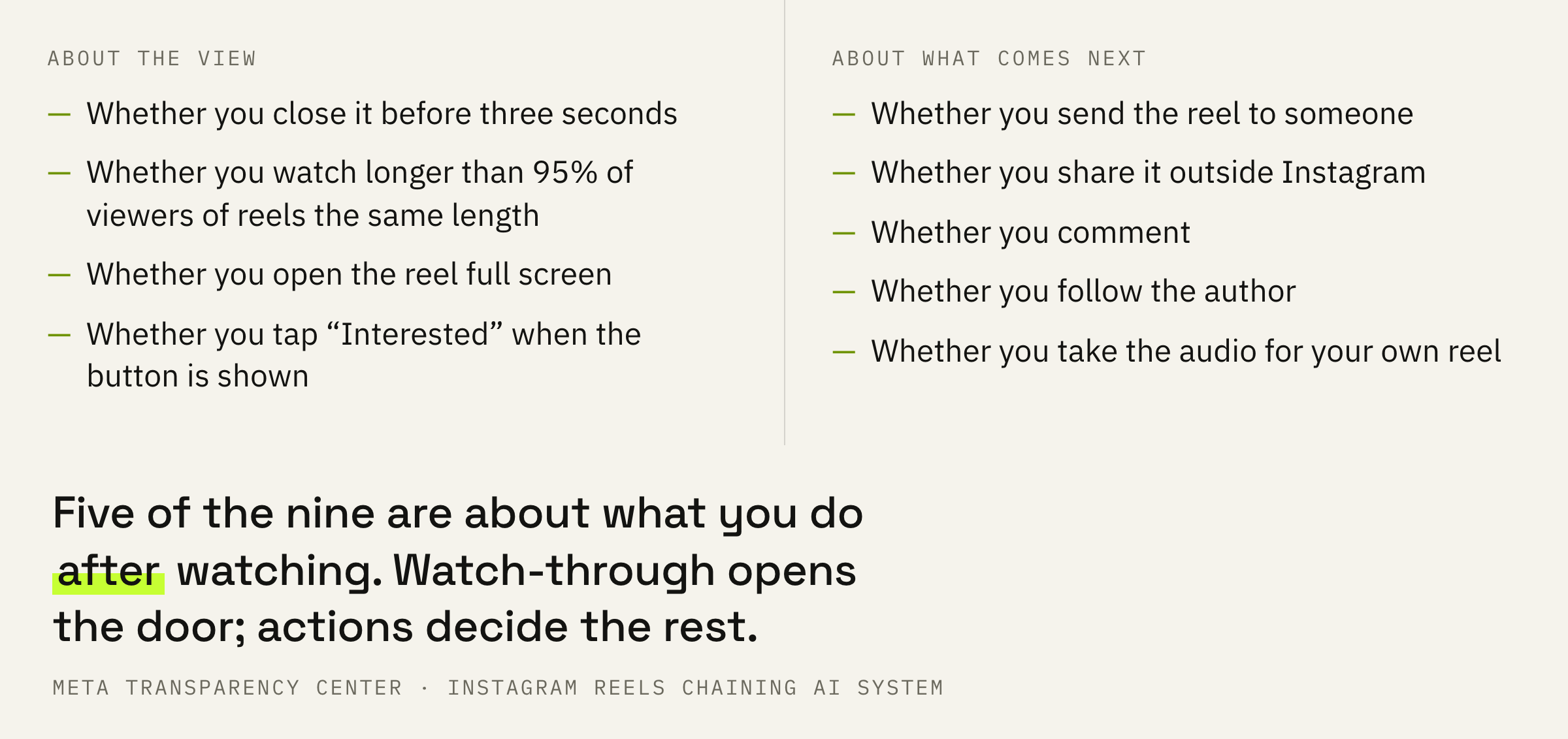 Nine probabilities the system computes for a reel in the Reels feed.