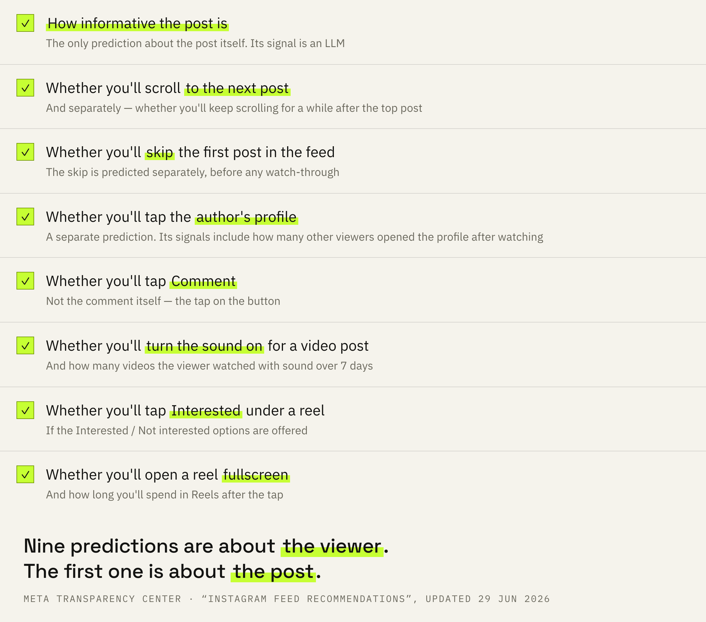 The ten predictions the platform computes for feed recommendations.