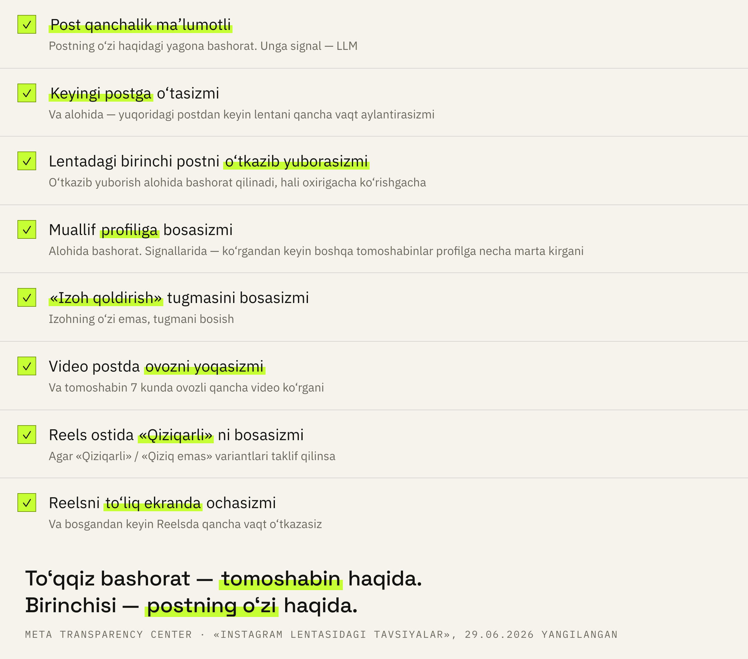 Platforma lentadagi tavsiyalar uchun hisoblaydigan o‘nta bashorat.