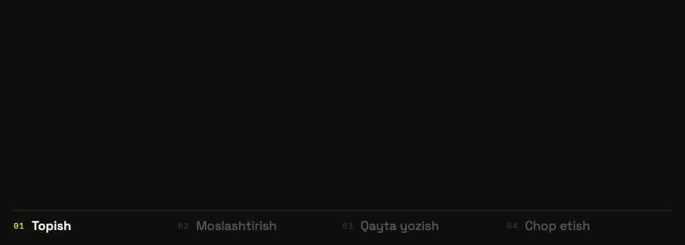 Butun sikl: portlagan topilma, moslashtirish, o‘z matni, chop etish.