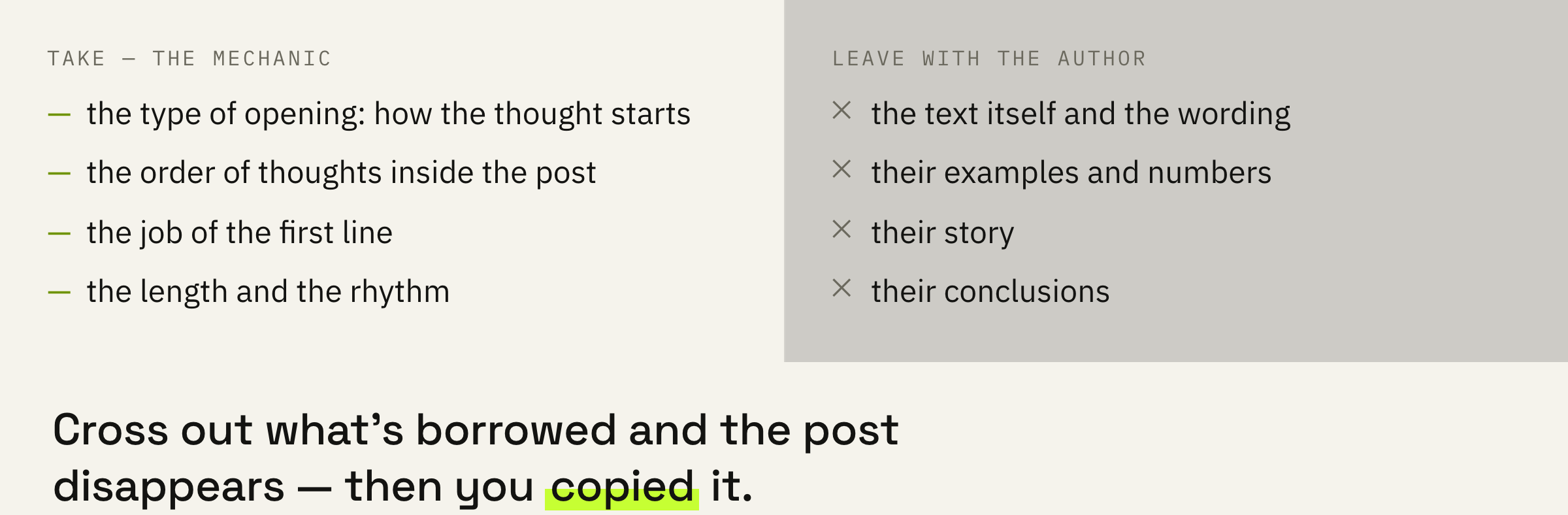 The line is drawn by what's left after you strip everything borrowed out of the post.
