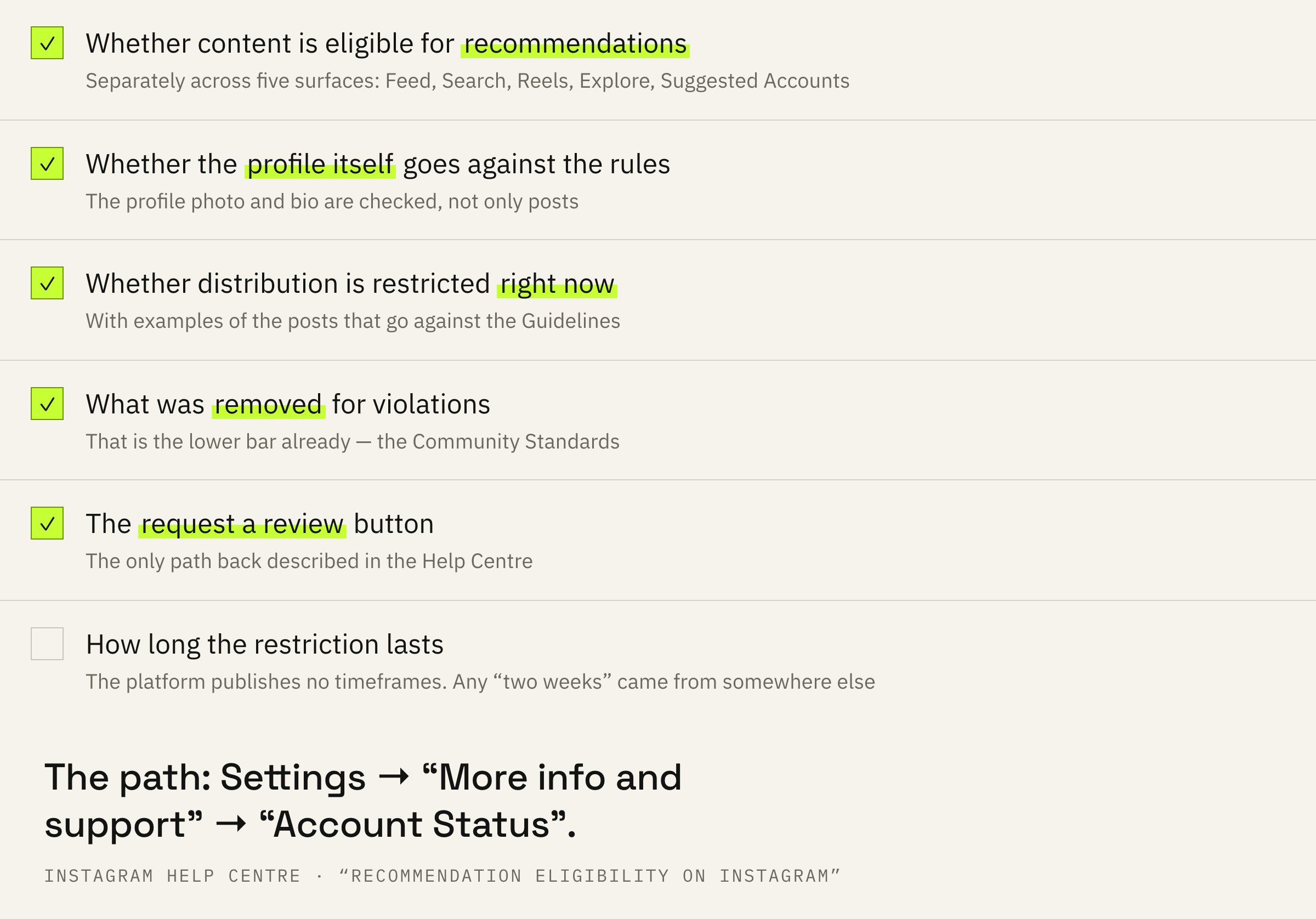 What “Account Status” shows and which question each item answers.