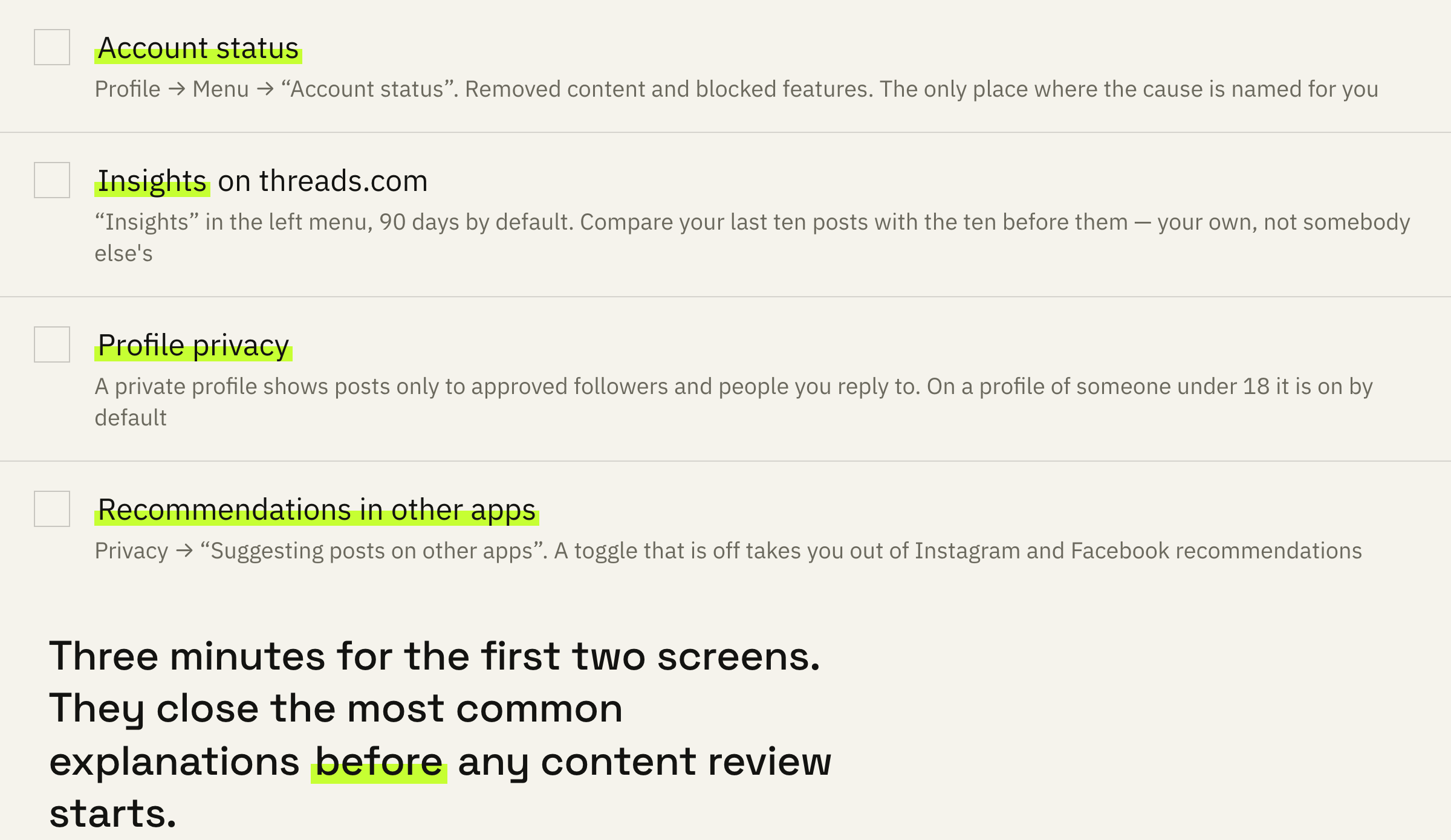 The order to check things in. The top three screens close most cases, and it often never gets as far as causes.