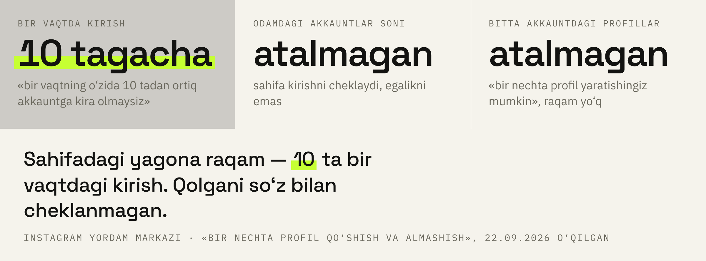 Yordam markazi nimani raqam bilan cheklaydi va nimani umuman cheklamaydi.