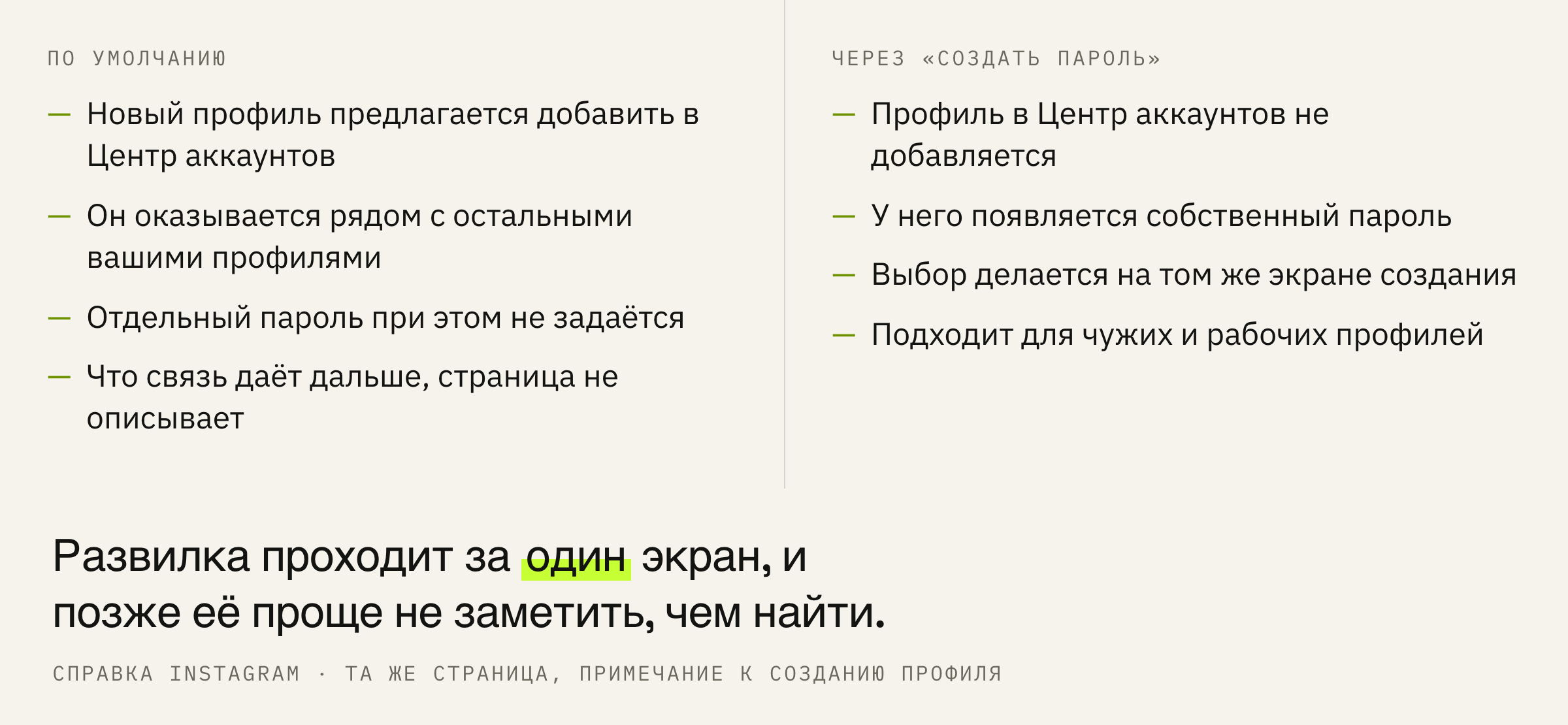 Один экран создания профиля и две разные развилки.
