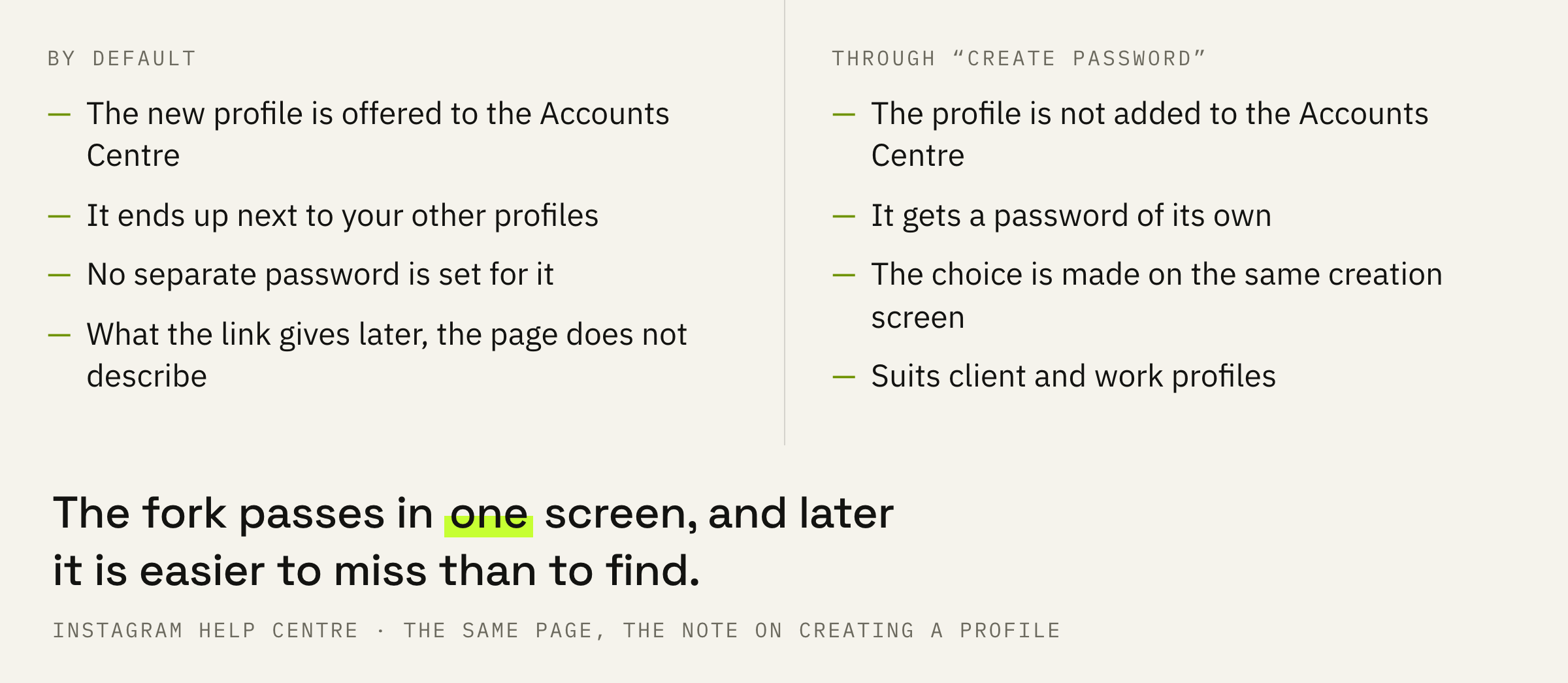 One screen of profile creation and two different forks.