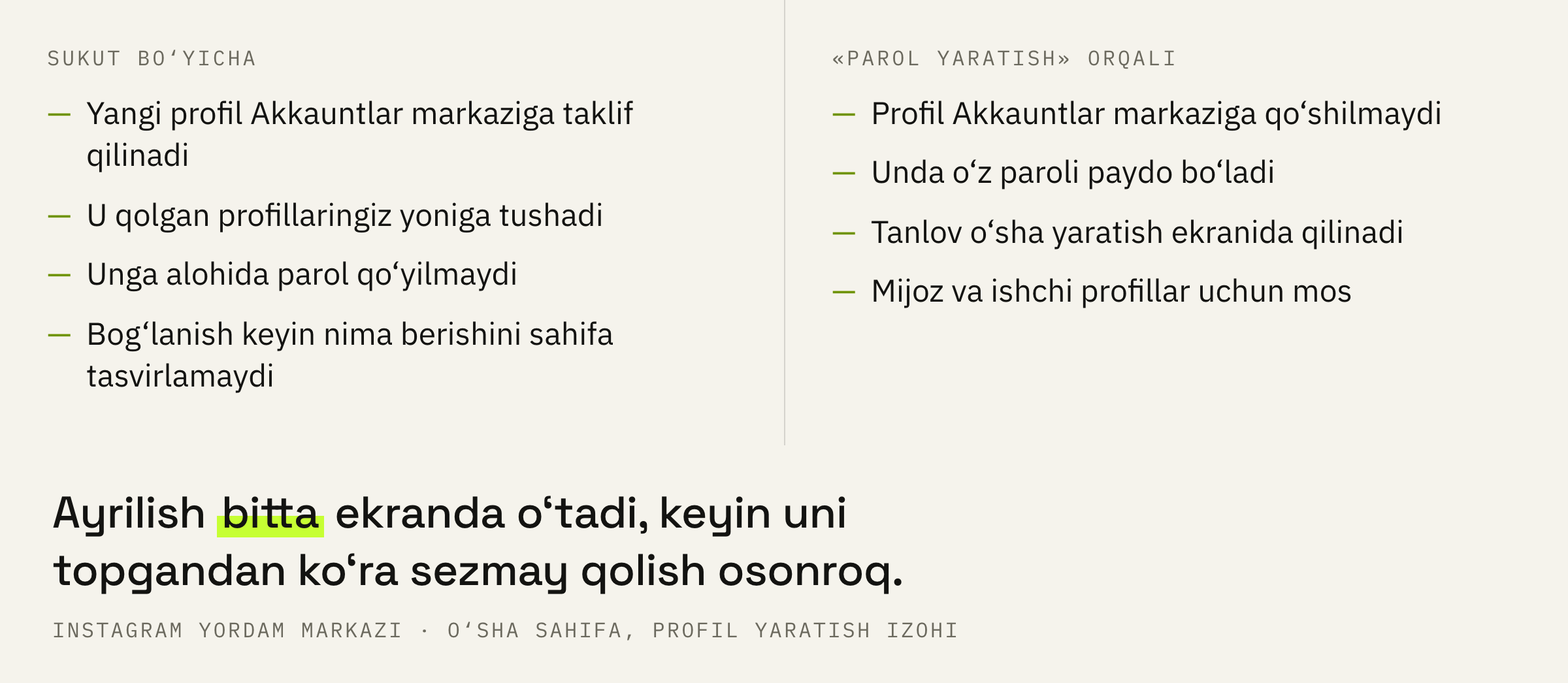 Profil yaratishning bitta ekrani va ikkita turli ayrilish.