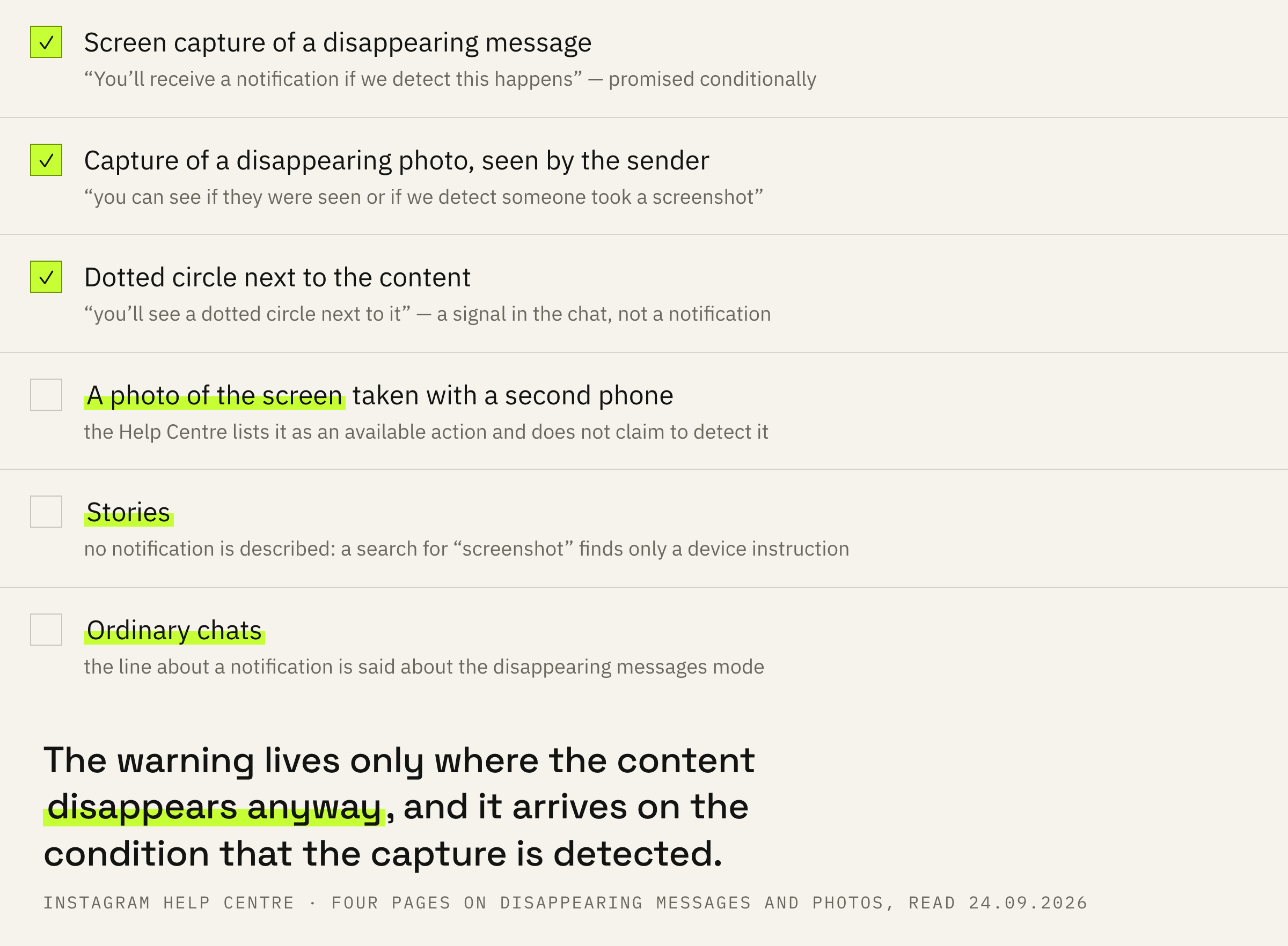 What the Help Centre promises about screen captures, and what it keeps quiet about.