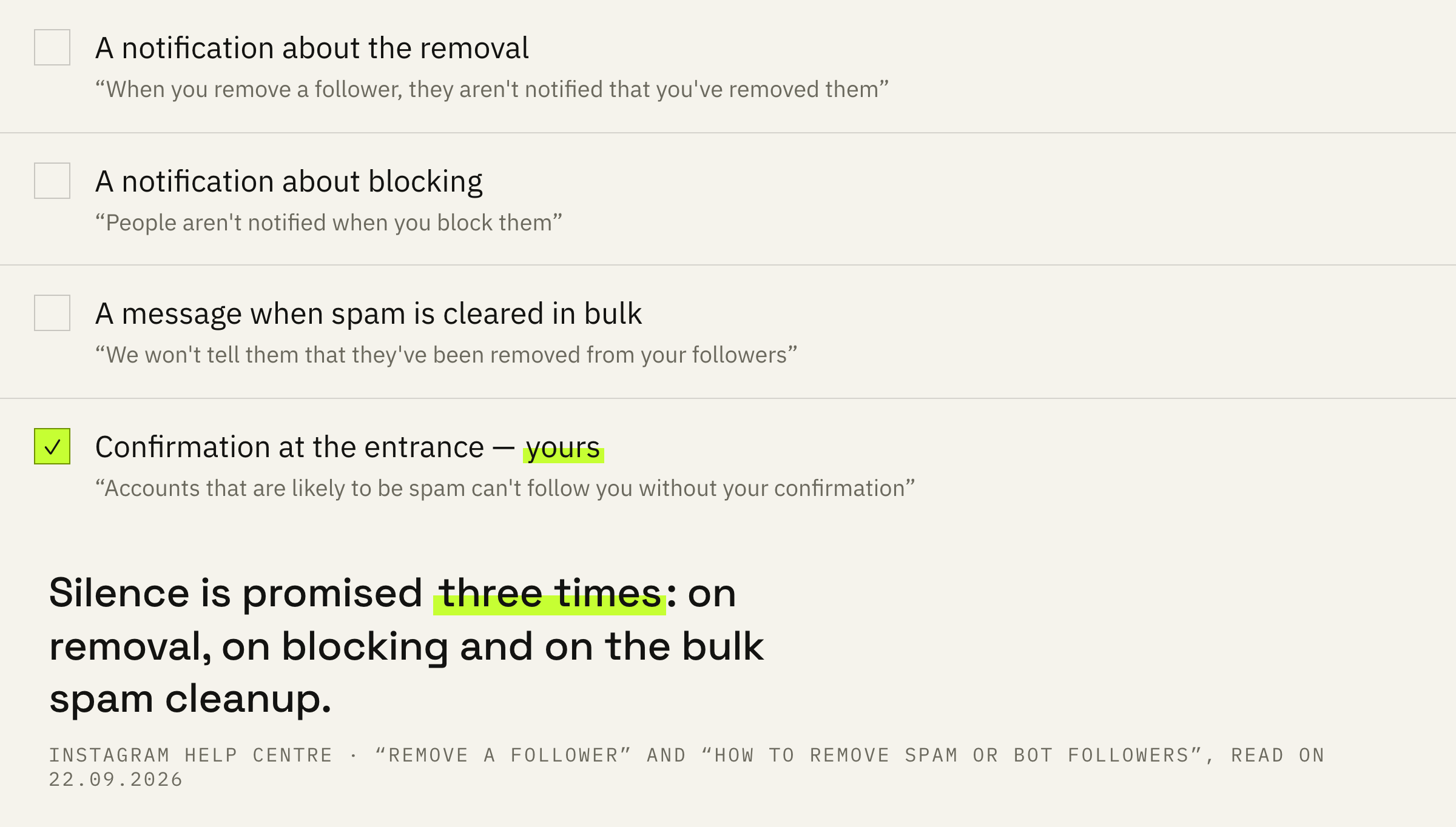 What a removed follower learns and what they do not.