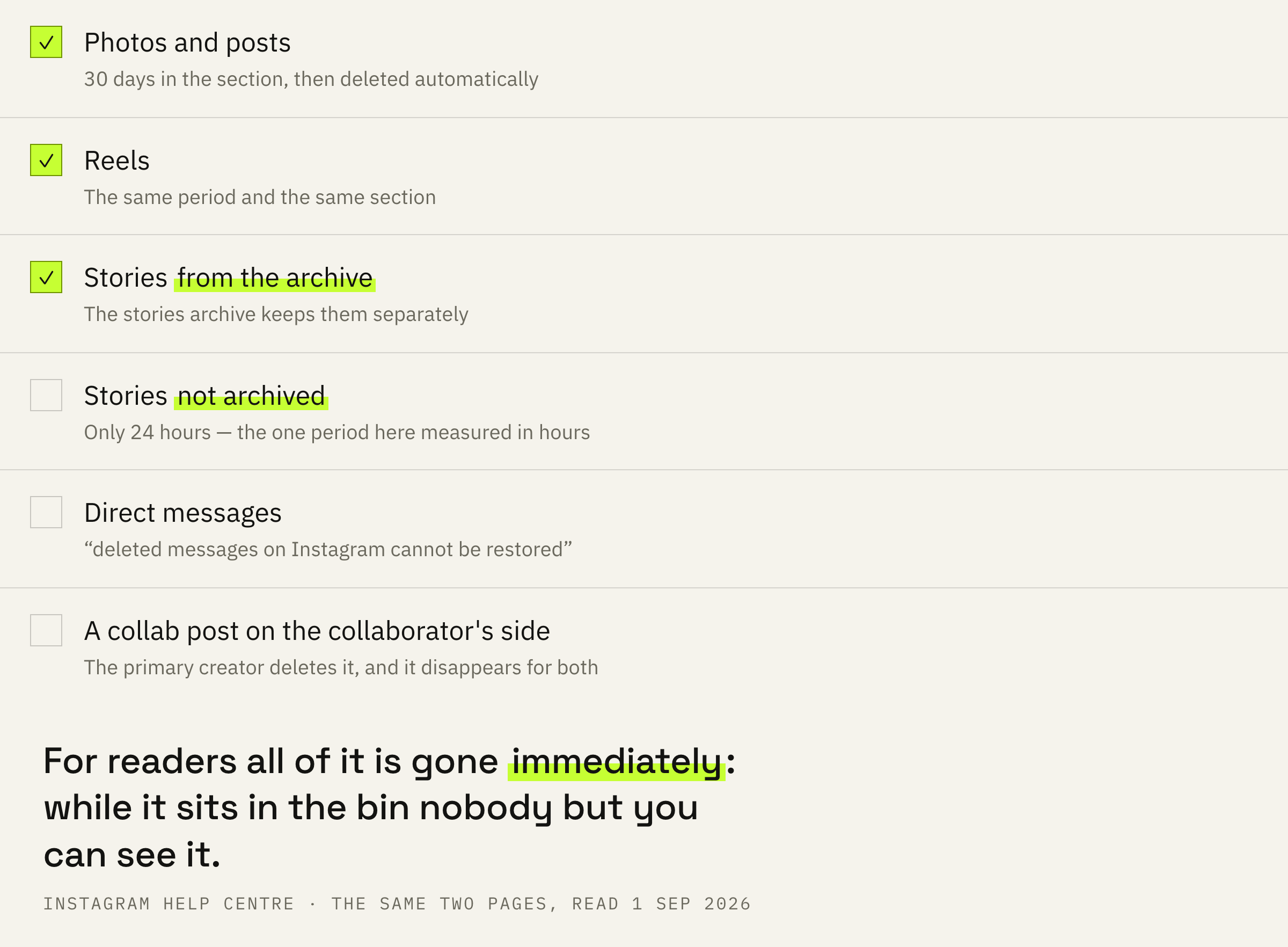 What comes back from Recently deleted and what doesn't.