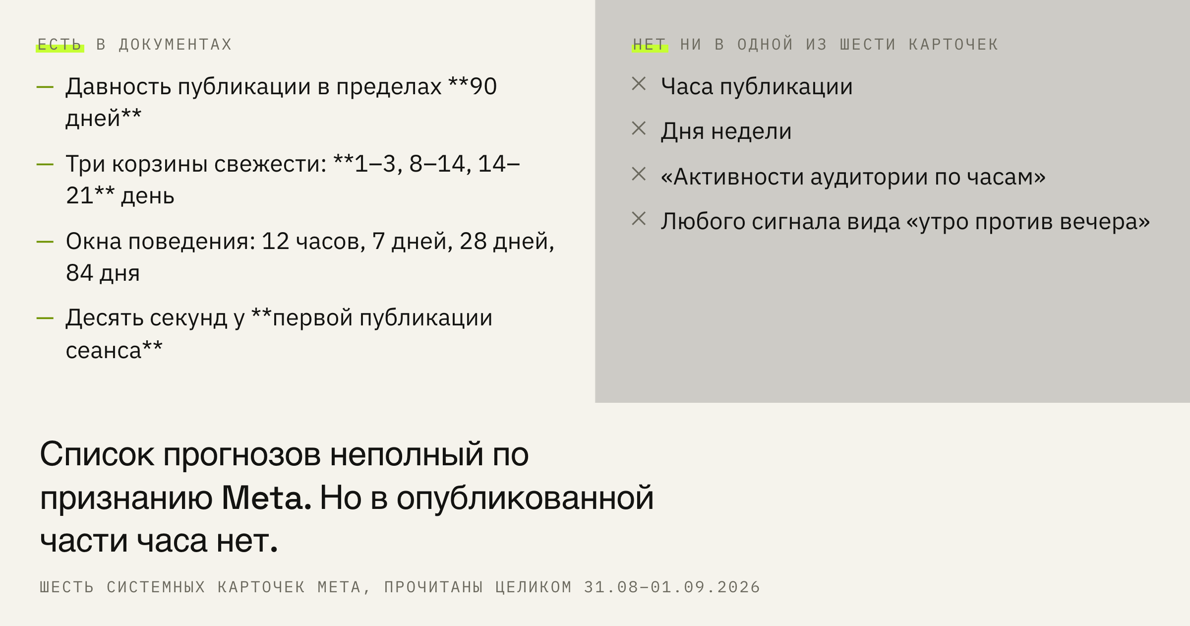Что в карточках сказано про время и чего в них нет.