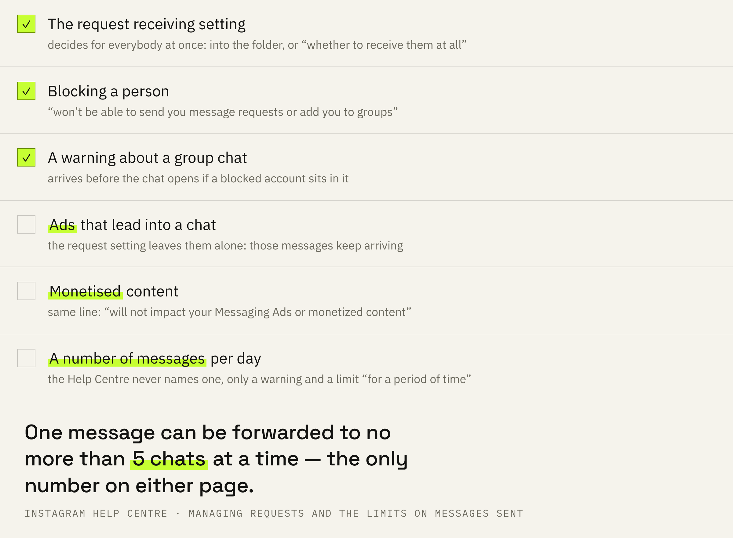 Three different levers on incoming messages and what each one does.