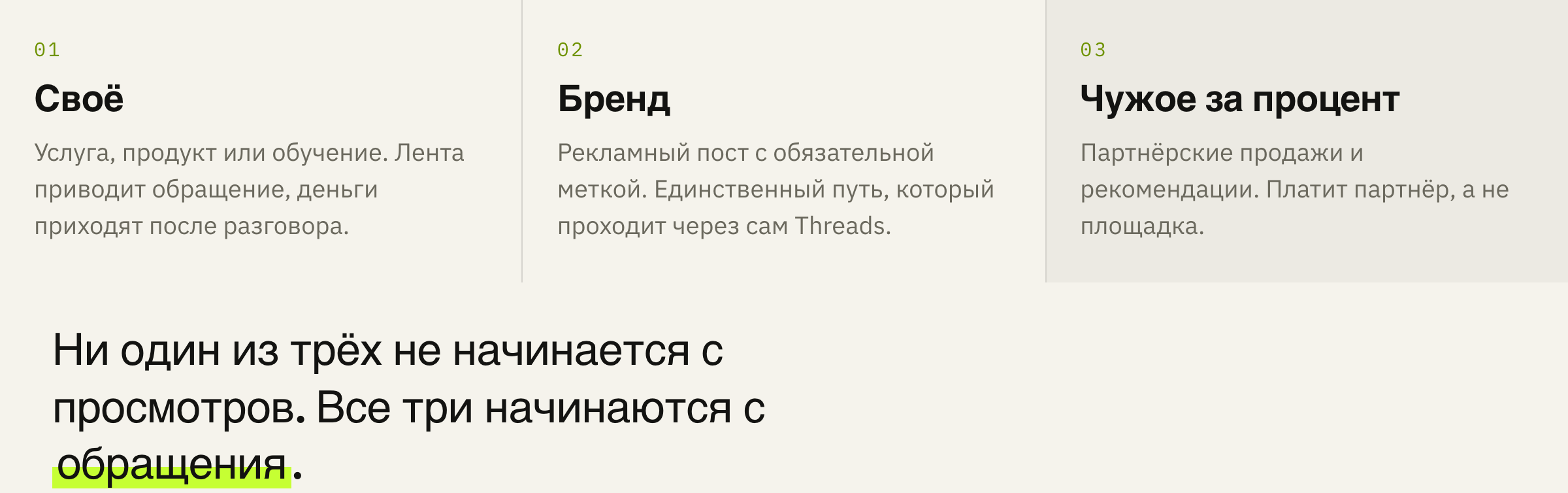 Три пути, по которым текстовая лента превращается в деньги. Только средний идёт через площадку.